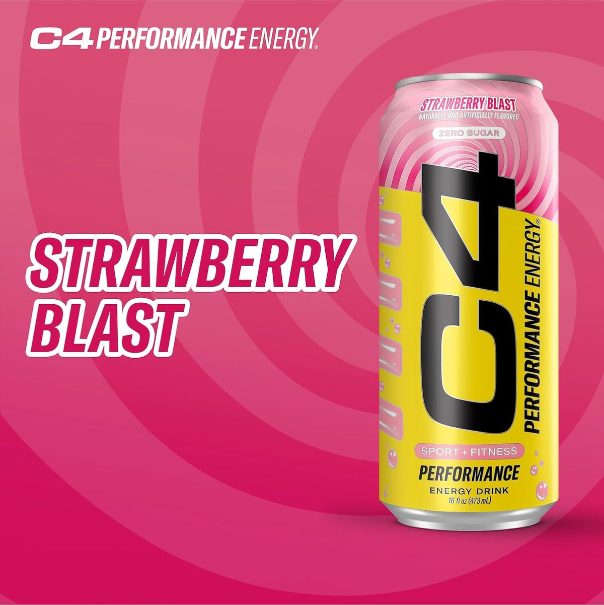 C4 Performance Energy Drink | Strawberry Blast | Zero Sugar Carbonated Preworkout Energy | 200mg Caffeine with Beta Alanine | 16 Fl Oz (24 Pack)