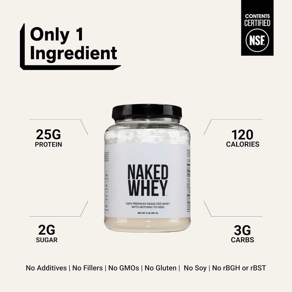 NAKED Whey 2LB 100% Grass Fed Whey Protein Powder - Only 1 Ingredient, Unflavored Whey Protein, NSF Certified, Undenatured, Gluten Free, Soy Free, No GMOs, No Preservatives