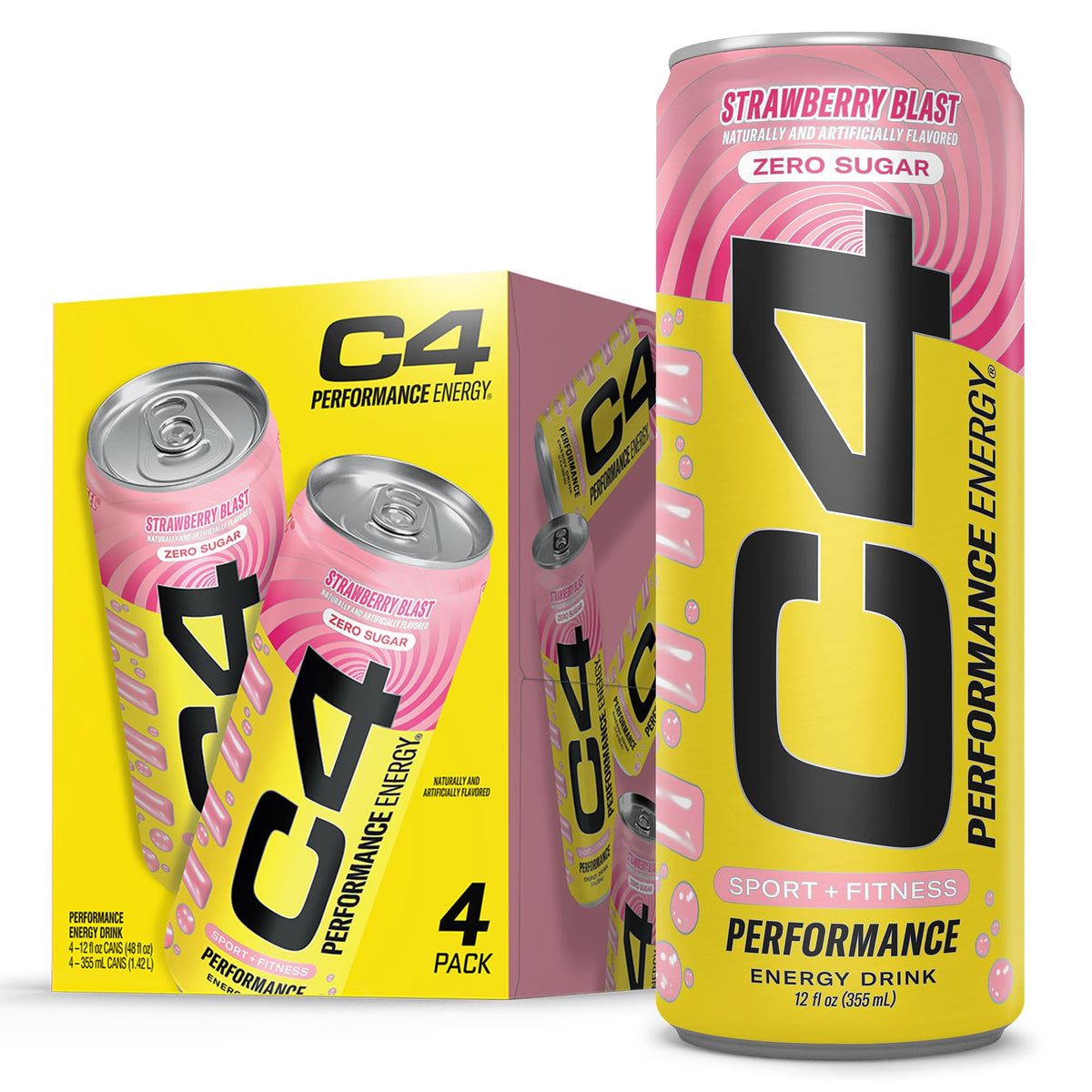 C4 Performance Energy Drink | Strawberry Blast | Zero Sugar Carbonated Preworkout Energy | 200mg Caffeine with Beta Alanine | 16 Fl Oz (24 Pack)