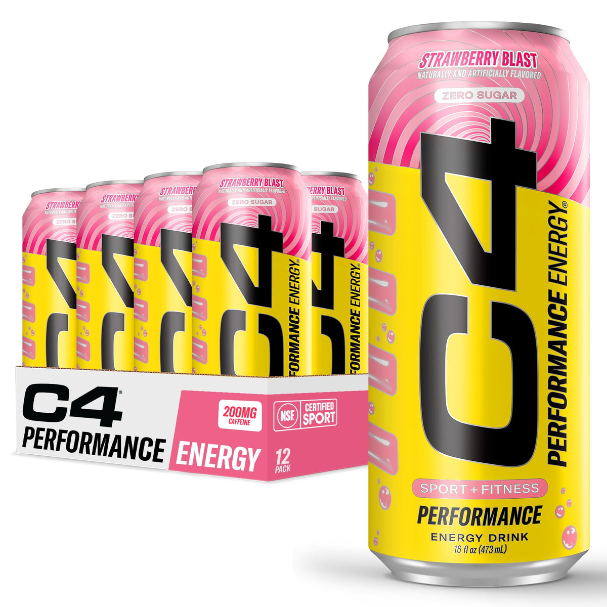 C4 Performance Energy Drink | Strawberry Blast | Zero Sugar Carbonated Preworkout Energy | 200mg Caffeine with Beta Alanine | 16 Fl Oz (24 Pack)