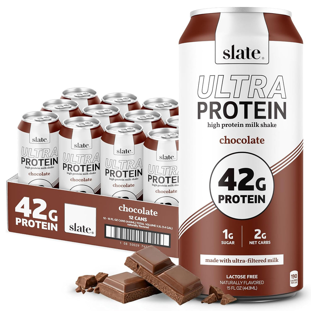 Slate Milk - Ultra Protein Shake - Chocolate - 42g Protein, 1g Sugar, 190 Calories, 2g Net Carbs - Lactose Free, No Added Sugar - Made with Ultra Filtered Milk - Breakfast Boost, Post Workout - 15 fl oz, 12 Cans