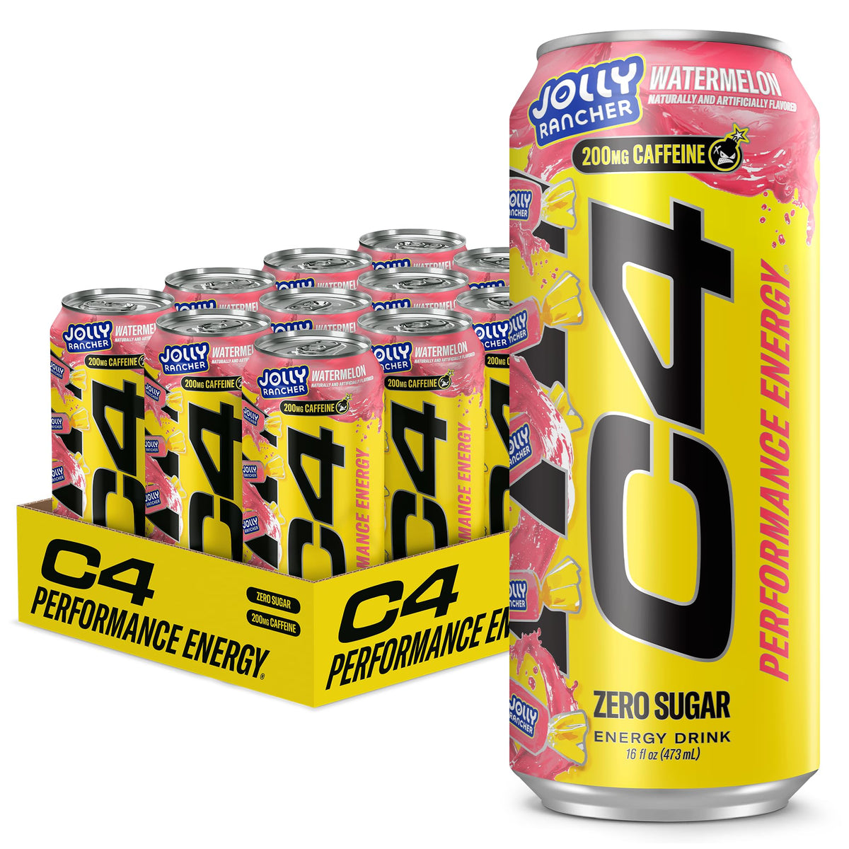 C4 Performance Energy Drink | Strawberry Blast | Zero Sugar Carbonated Preworkout Energy | 200mg Caffeine with Beta Alanine | 16 Fl Oz (24 Pack)