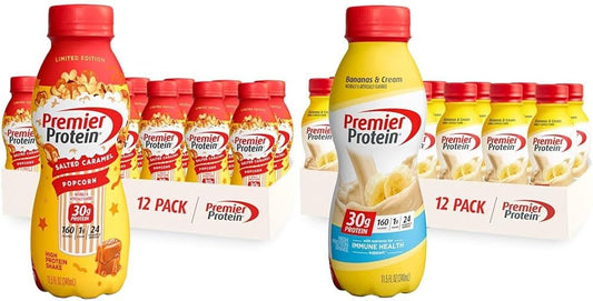 Premier Protein Shake Limited Edition Salted Caramel Popcorn and Bananas & Cream Flavors, 30g Protein, 24 Vitamins Minerals, 12 Pack Bundle