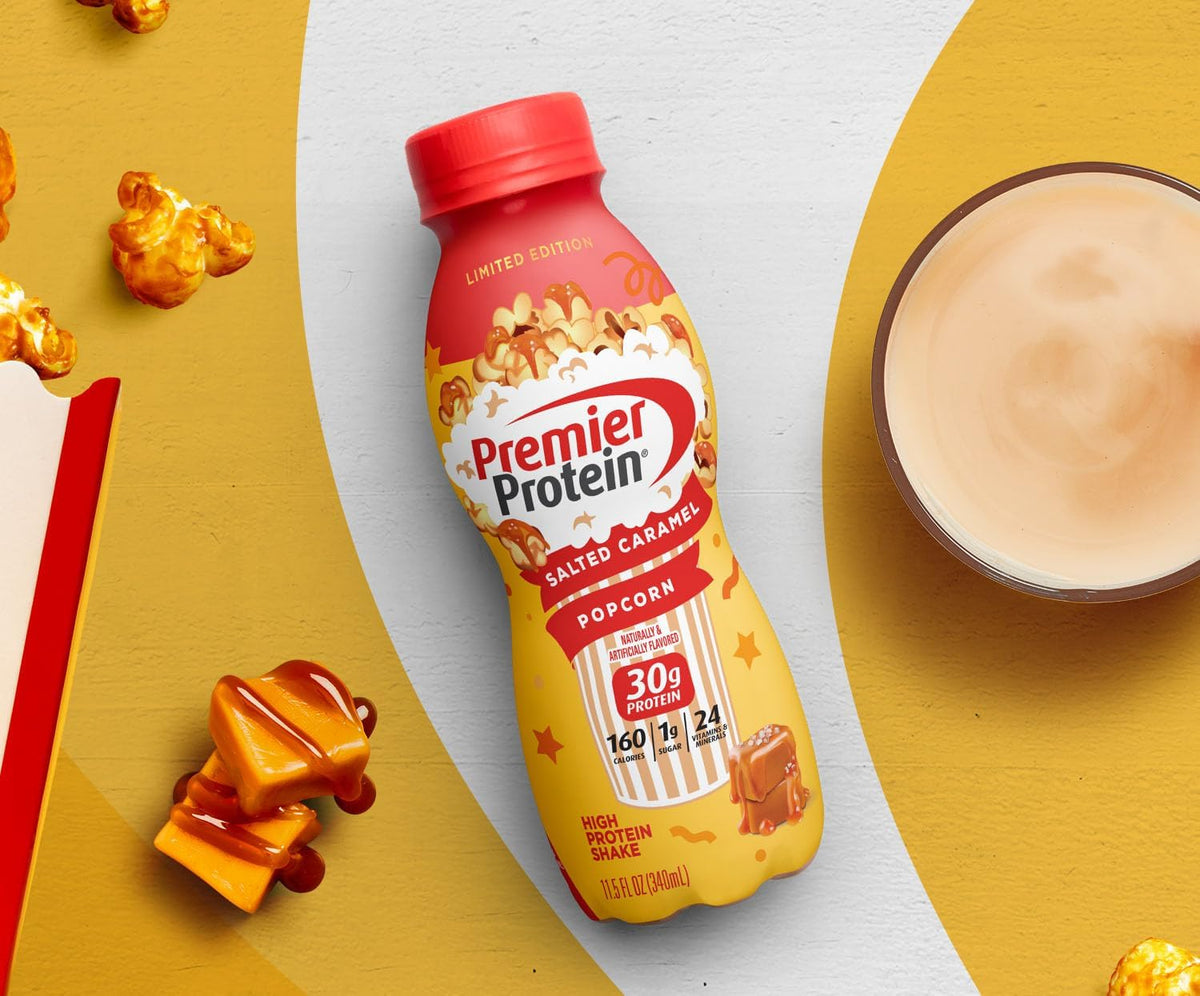 Premier Protein Shake Limited Edition Salted Caramel Popcorn and Bananas & Cream Flavors, 30g Protein, 24 Vitamins Minerals, 12 Pack Bundle