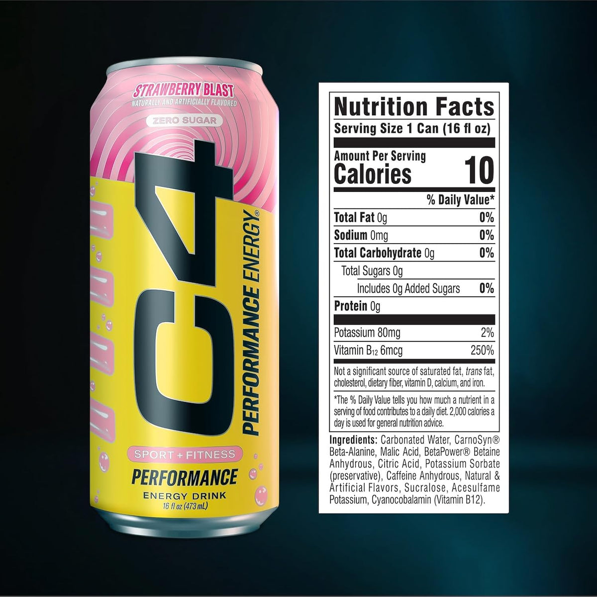 C4 Performance Energy Drink | Strawberry Blast | Zero Sugar Carbonated Preworkout Energy | 200mg Caffeine with Beta Alanine | 16 Fl Oz (24 Pack)