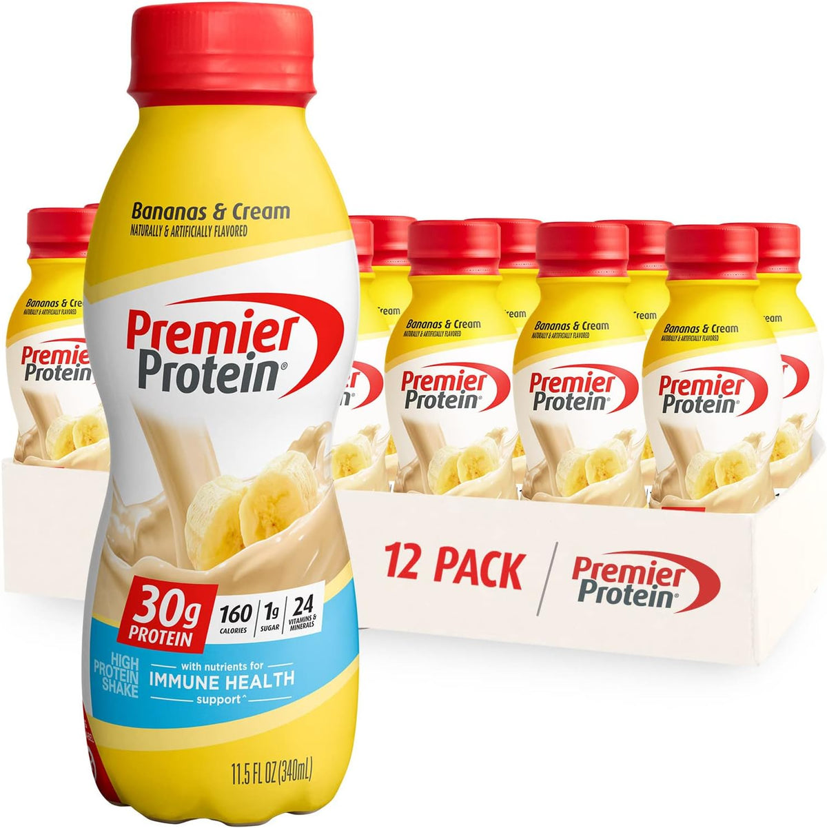 Premier Protein Shake Limited Edition Salted Caramel Popcorn and Bananas & Cream Flavors, 30g Protein, 24 Vitamins Minerals, 12 Pack Bundle