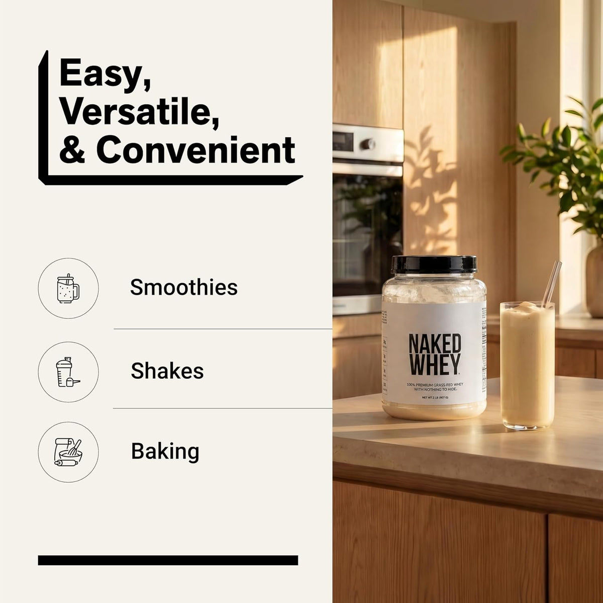 NAKED Whey 2LB 100% Grass Fed Whey Protein Powder - Only 1 Ingredient, Unflavored Whey Protein, NSF Certified, Undenatured, Gluten Free, Soy Free, No GMOs, No Preservatives