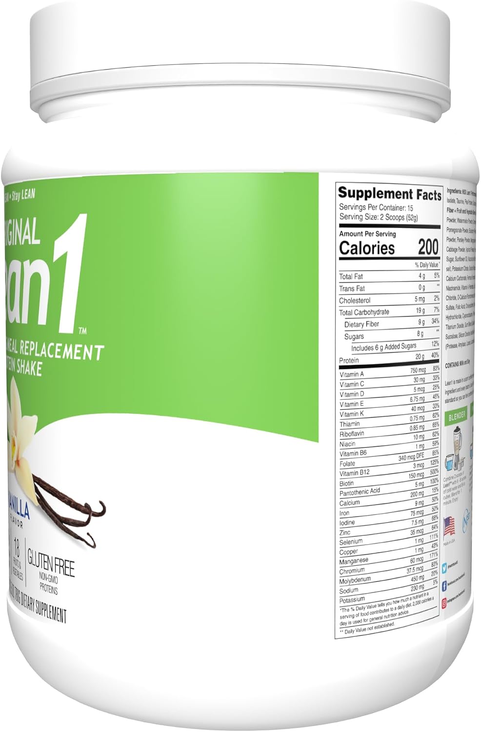 Lean1 Vanilla, Meal Replacement Protein Shake, 15 Serving Tub