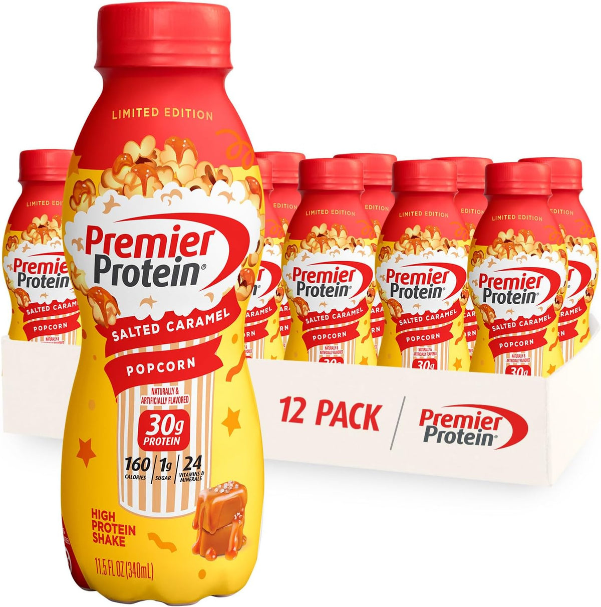 Premier Protein Shake Limited Edition Salted Caramel Popcorn and Bananas & Cream Flavors, 30g Protein, 24 Vitamins Minerals, 12 Pack Bundle
