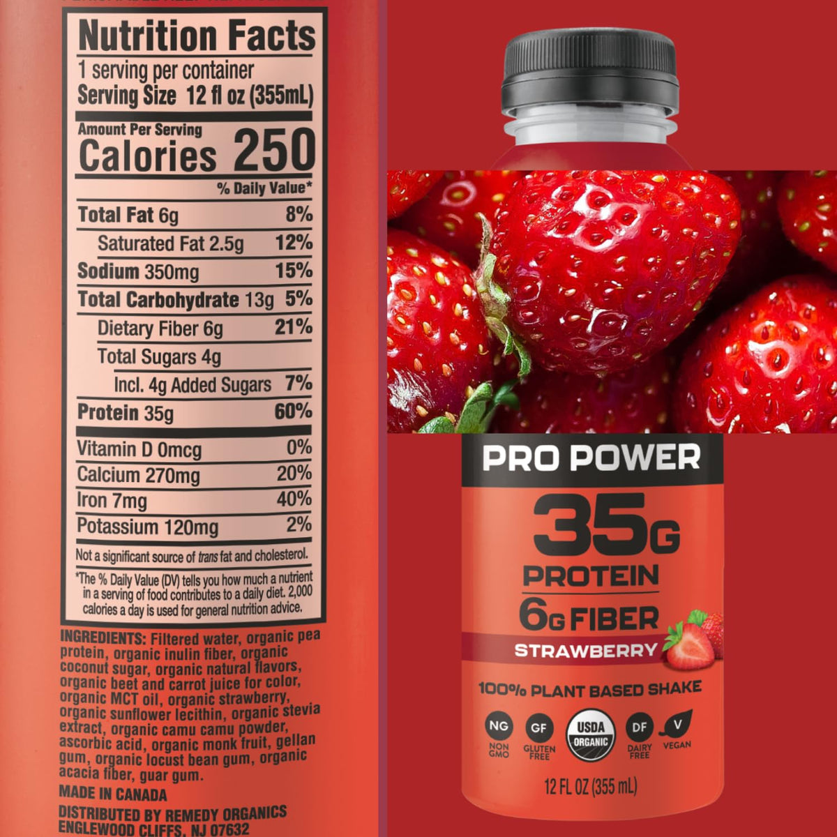 Remedy Organics Organic Strawberry Pro Power 35g Protein Shake, 12 Fl Oz | Plant Based Protein Shakes, Ready to Drink | USDA Organic, Gluten Free, Dairy Free, Soy Free | 12 Pack