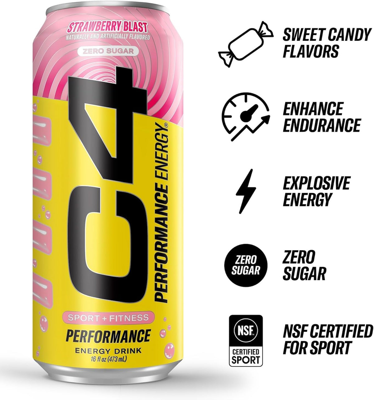 C4 Performance Energy Drink | Strawberry Blast | Zero Sugar Carbonated Preworkout Energy | 200mg Caffeine with Beta Alanine | 16 Fl Oz (24 Pack)