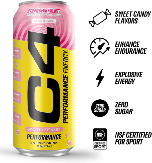 C4 Performance Energy Drink | Strawberry Blast | Zero Sugar Carbonated Preworkout Energy | 200mg Caffeine with Beta Alanine | 16 Fl Oz (24 Pack)