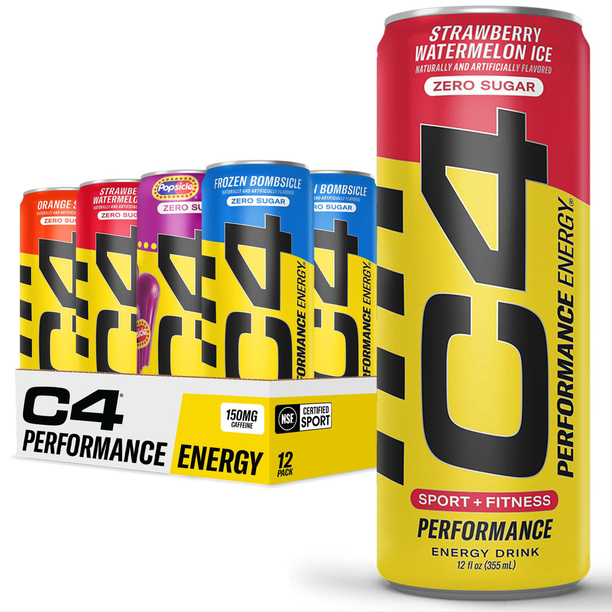 C4 Performance Energy Drink | Strawberry Blast | Zero Sugar Carbonated Preworkout Energy | 200mg Caffeine with Beta Alanine | 16 Fl Oz (24 Pack)