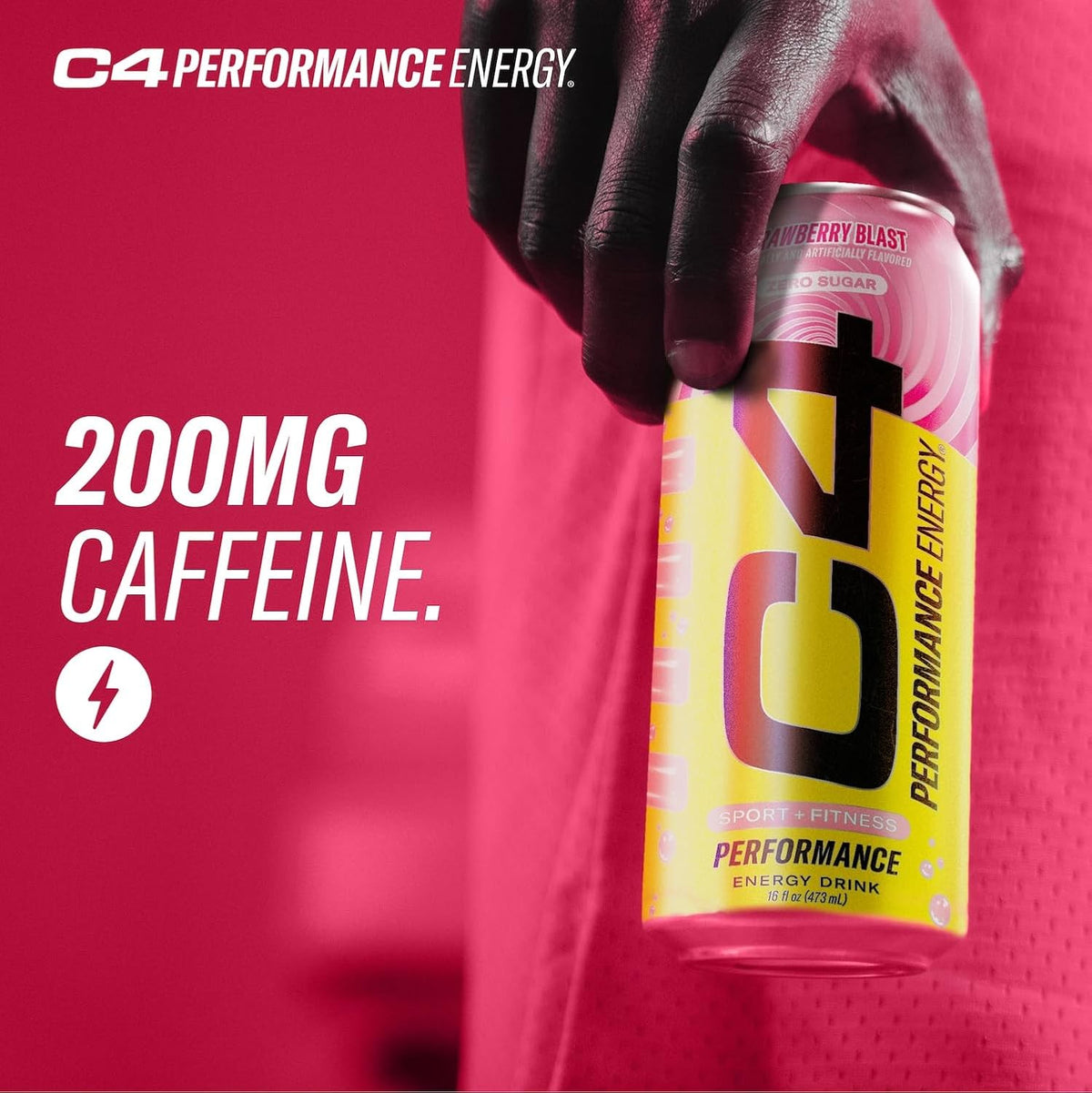C4 Performance Energy Drink | Strawberry Blast | Zero Sugar Carbonated Preworkout Energy | 200mg Caffeine with Beta Alanine | 16 Fl Oz (24 Pack)