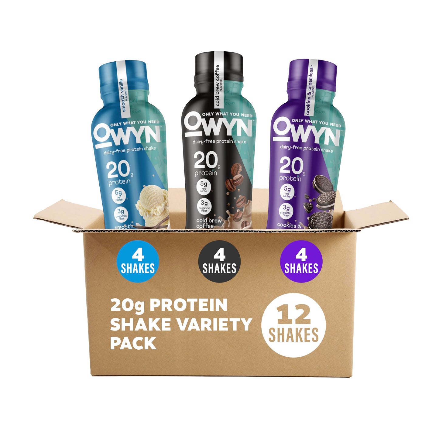 OWYN Only What You Need Dark Chocolate Flavored Protein Shake, 20g Protein, 4g Sugar, 3g Fiber, Dairy Free, Plant Based Protein Drink 12 Count