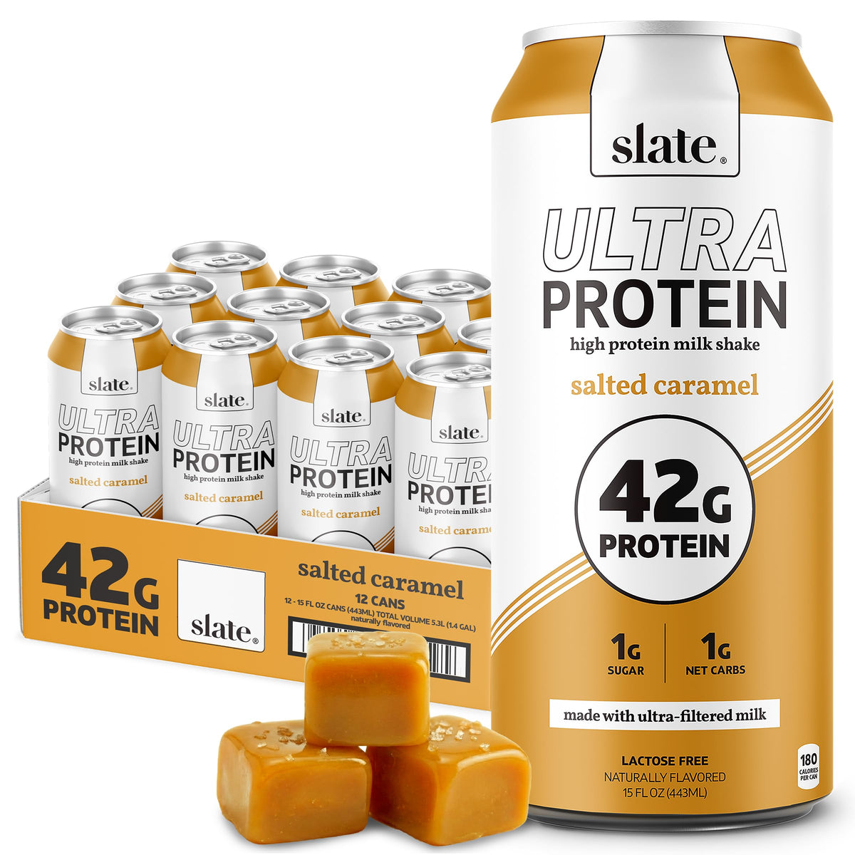 Slate Milk - Ultra Protein Shake - Chocolate - 42g Protein, 1g Sugar, 190 Calories, 2g Net Carbs - Lactose Free, No Added Sugar - Made with Ultra Filtered Milk - Breakfast Boost, Post Workout - 15 fl oz, 12 Cans