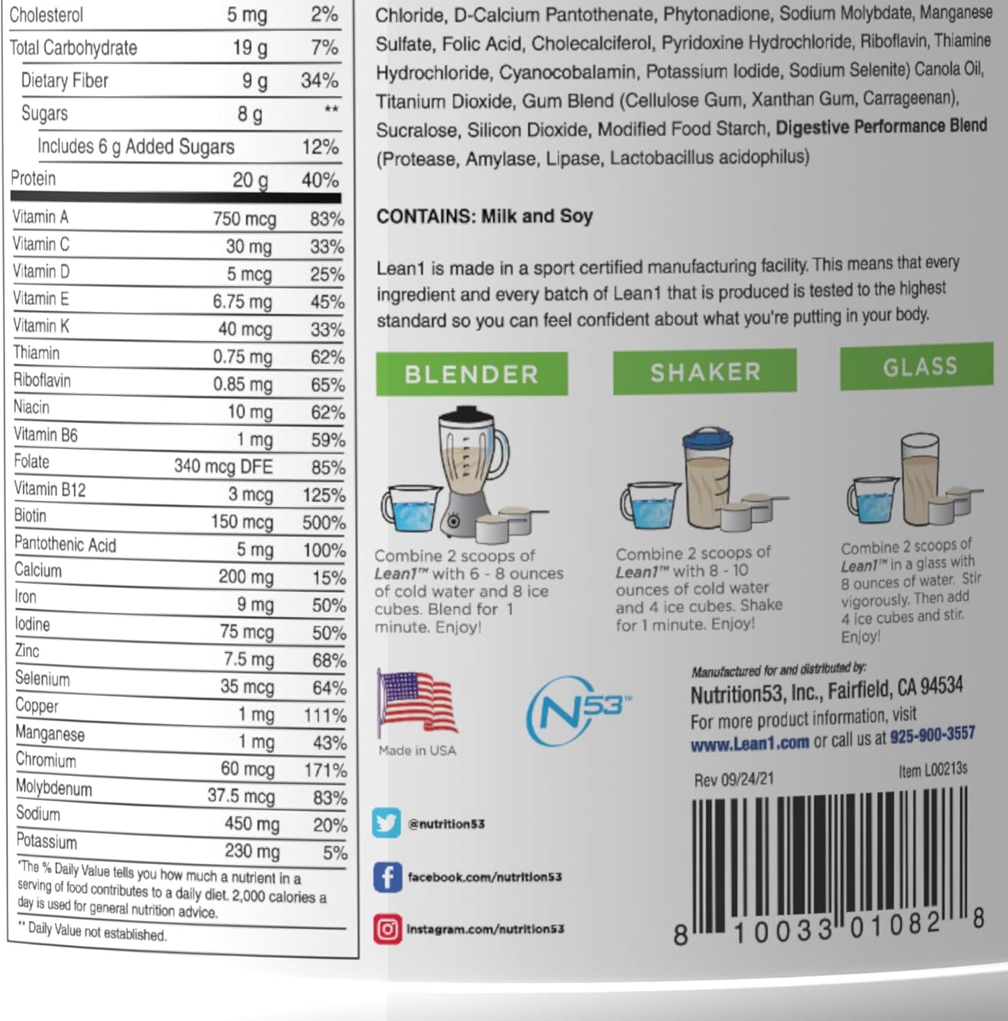 Lean1 Vanilla, Meal Replacement Protein Shake, 15 Serving Tub