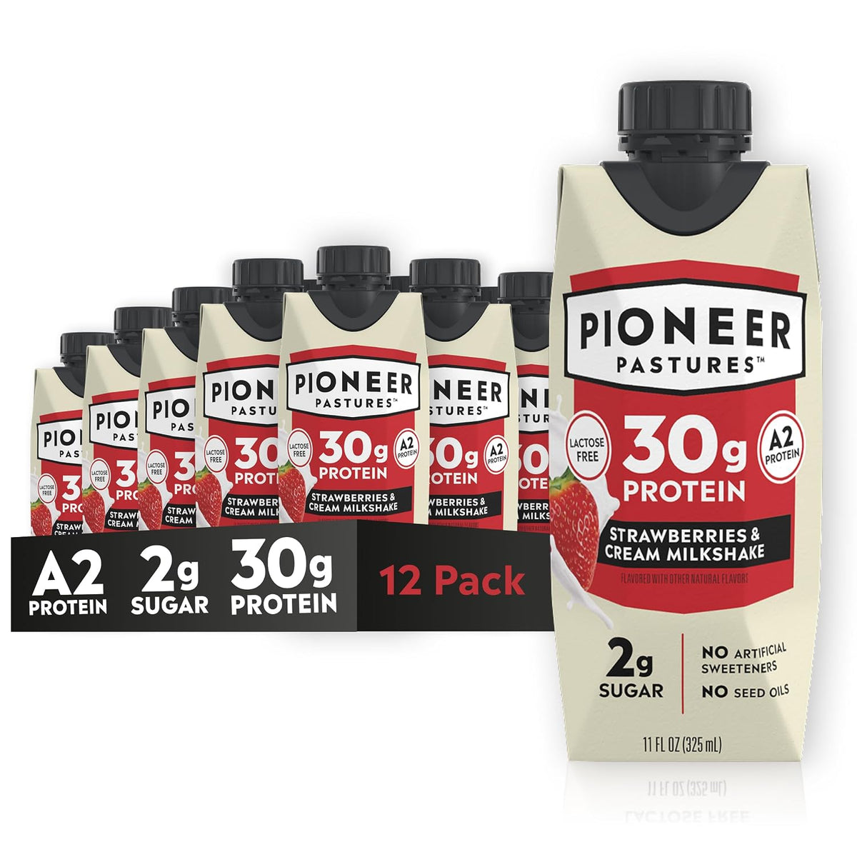Pioneer Pastures Protein A2 Milkshakes, Strawberries & Cream, 11oz, 12 Pack