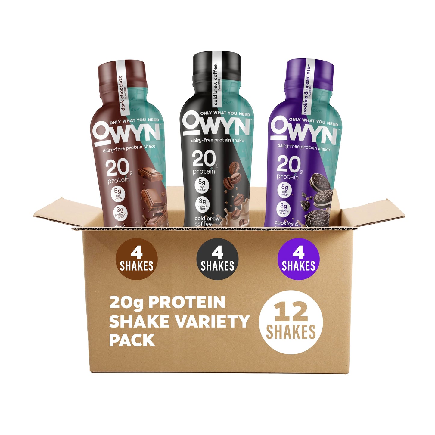 OWYN Only What You Need Dark Chocolate Flavored Protein Shake, 20g Protein, 4g Sugar, 3g Fiber, Dairy Free, Plant Based Protein Drink 12 Count