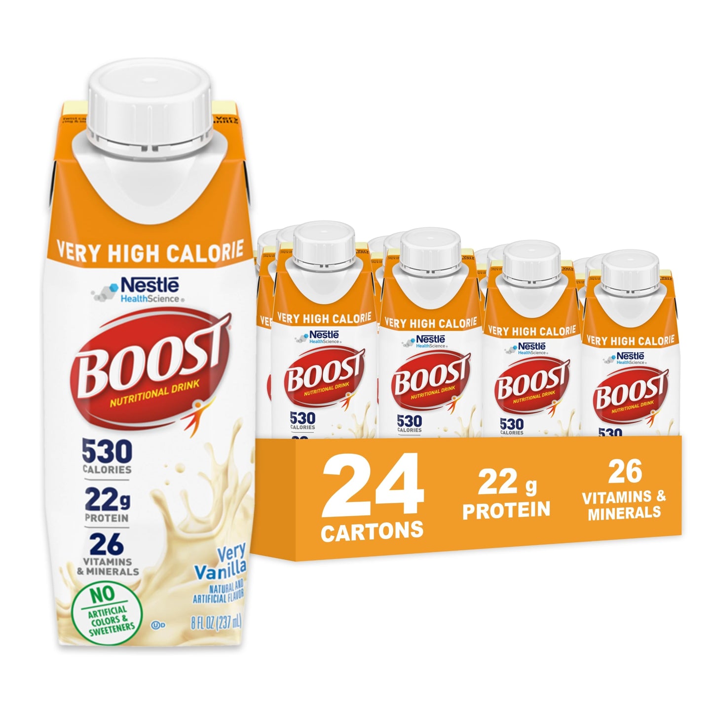 BOOST Very High Calorie Nutritional Drink – Helps Weight Gain & Maintenance - 530 Calories - 26 Vitamins & Minerals - 22 g Protein - Calorie-Dense Nutritional Drink - Chocolate - 8 fl oz (Pack of 24)