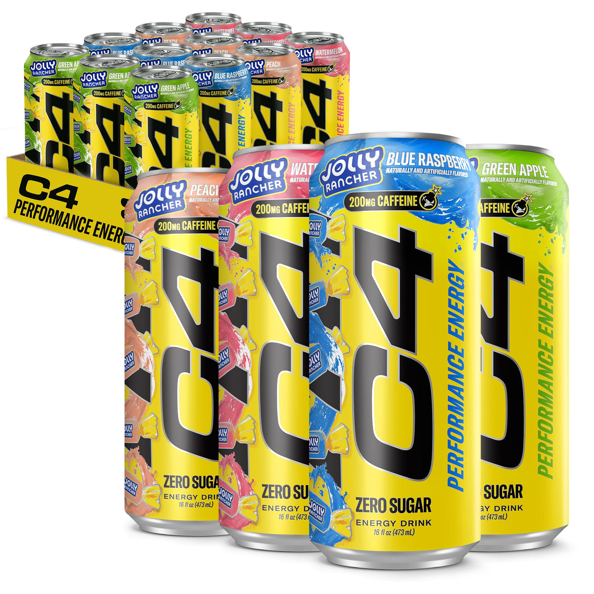 C4 Performance Energy Drink | Strawberry Blast | Zero Sugar Carbonated Preworkout Energy | 200mg Caffeine with Beta Alanine | 16 Fl Oz (24 Pack)