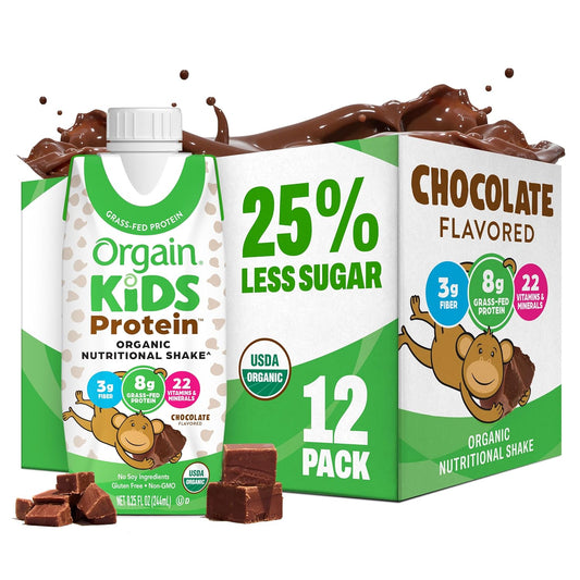 Orgain Organic Kids Nutritional Dairy Protein Shakes, Chocolate, Healthy Kids Snacks, 8g Grass-Fed Protein, 3g Fiber, 22 Vitamins & Minerals, No Soy Ingredients, Non-GMO, 8.25 Fl Oz, Pack of 12