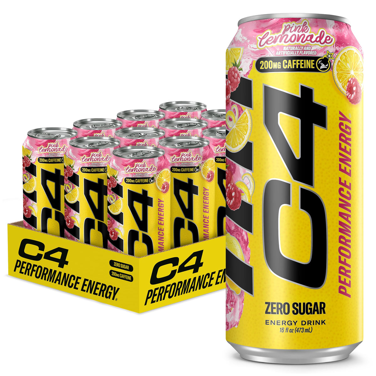 C4 Performance Energy Drink | Strawberry Blast | Zero Sugar Carbonated Preworkout Energy | 200mg Caffeine with Beta Alanine | 16 Fl Oz (24 Pack)