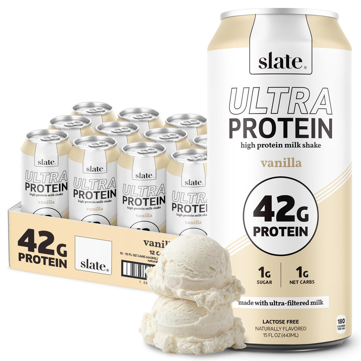 Slate Milk - Ultra Protein Shake - Chocolate - 42g Protein, 1g Sugar, 190 Calories, 2g Net Carbs - Lactose Free, No Added Sugar - Made with Ultra Filtered Milk - Breakfast Boost, Post Workout - 15 fl oz, 12 Cans