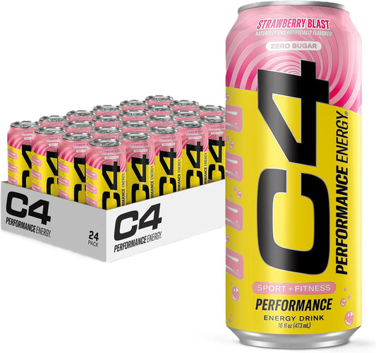 C4 Performance Energy Drink | Strawberry Blast | Zero Sugar Carbonated Preworkout Energy | 200mg Caffeine with Beta Alanine | 16 Fl Oz (24 Pack)
