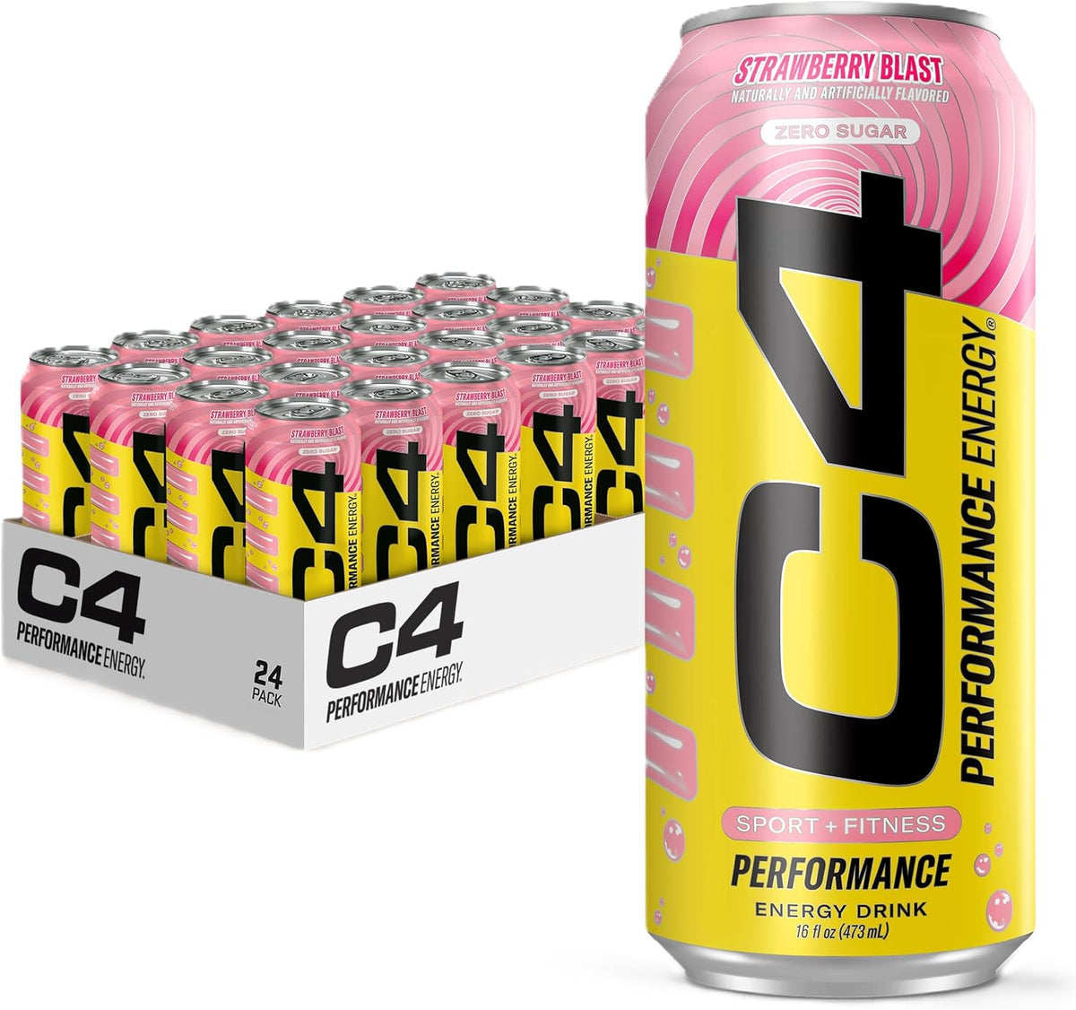 C4 Performance Energy Drink | Strawberry Blast | Zero Sugar Carbonated Preworkout Energy | 200mg Caffeine with Beta Alanine | 16 Fl Oz (24 Pack)