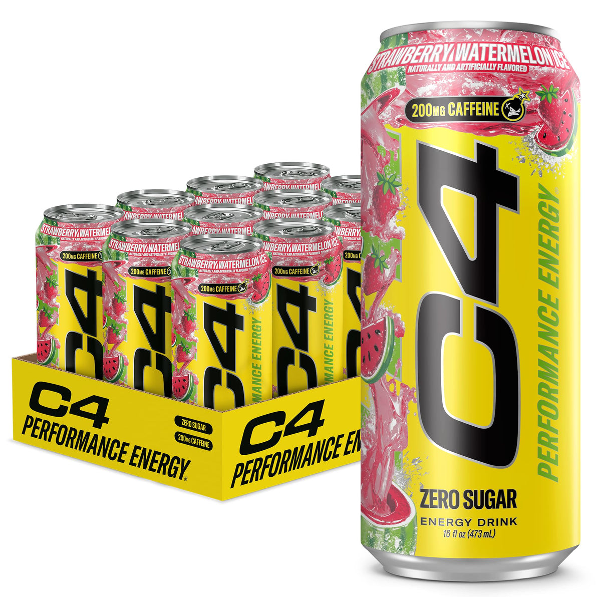 C4 Performance Energy Drink | Strawberry Blast | Zero Sugar Carbonated Preworkout Energy | 200mg Caffeine with Beta Alanine | 16 Fl Oz (24 Pack)