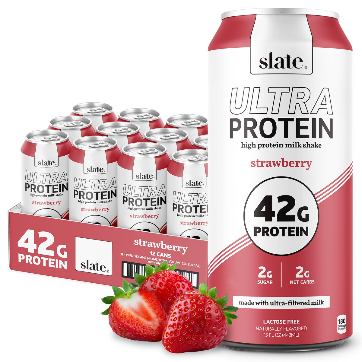 Slate Milk - Ultra Protein Shake - Chocolate - 42g Protein, 1g Sugar, 190 Calories, 2g Net Carbs - Lactose Free, No Added Sugar - Made with Ultra Filtered Milk - Breakfast Boost, Post Workout - 15 fl oz, 12 Cans