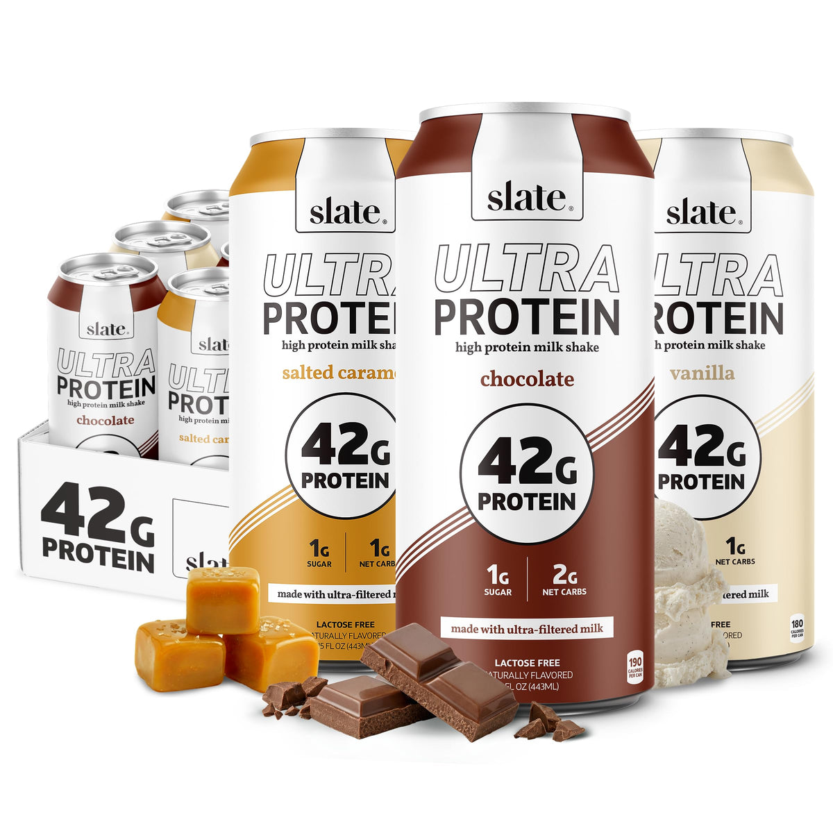 Slate Milk - Ultra Protein Shake - Chocolate - 42g Protein, 1g Sugar, 190 Calories, 2g Net Carbs - Lactose Free, No Added Sugar - Made with Ultra Filtered Milk - Breakfast Boost, Post Workout - 15 fl oz, 12 Cans