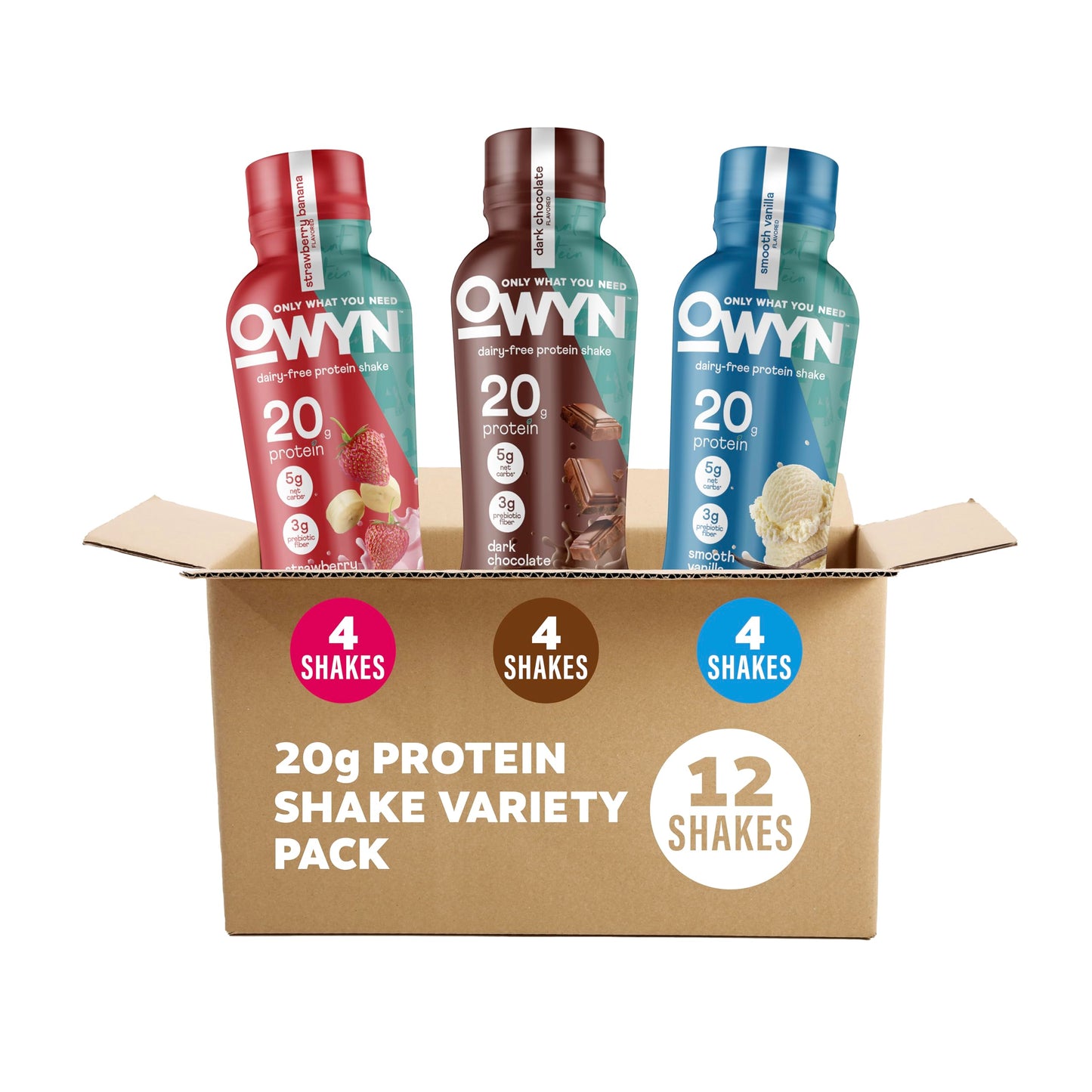 OWYN Only What You Need Dark Chocolate Flavored Protein Shake, 20g Protein, 4g Sugar, 3g Fiber, Dairy Free, Plant Based Protein Drink 12 Count