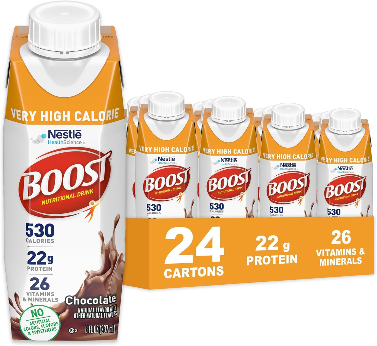 BOOST Very High Calorie Nutritional Drink – Helps Weight Gain & Maintenance - 530 Calories - 26 Vitamins & Minerals - 22 g Protein - Calorie-Dense Nutritional Drink - Chocolate - 8 fl oz (Pack of 24)