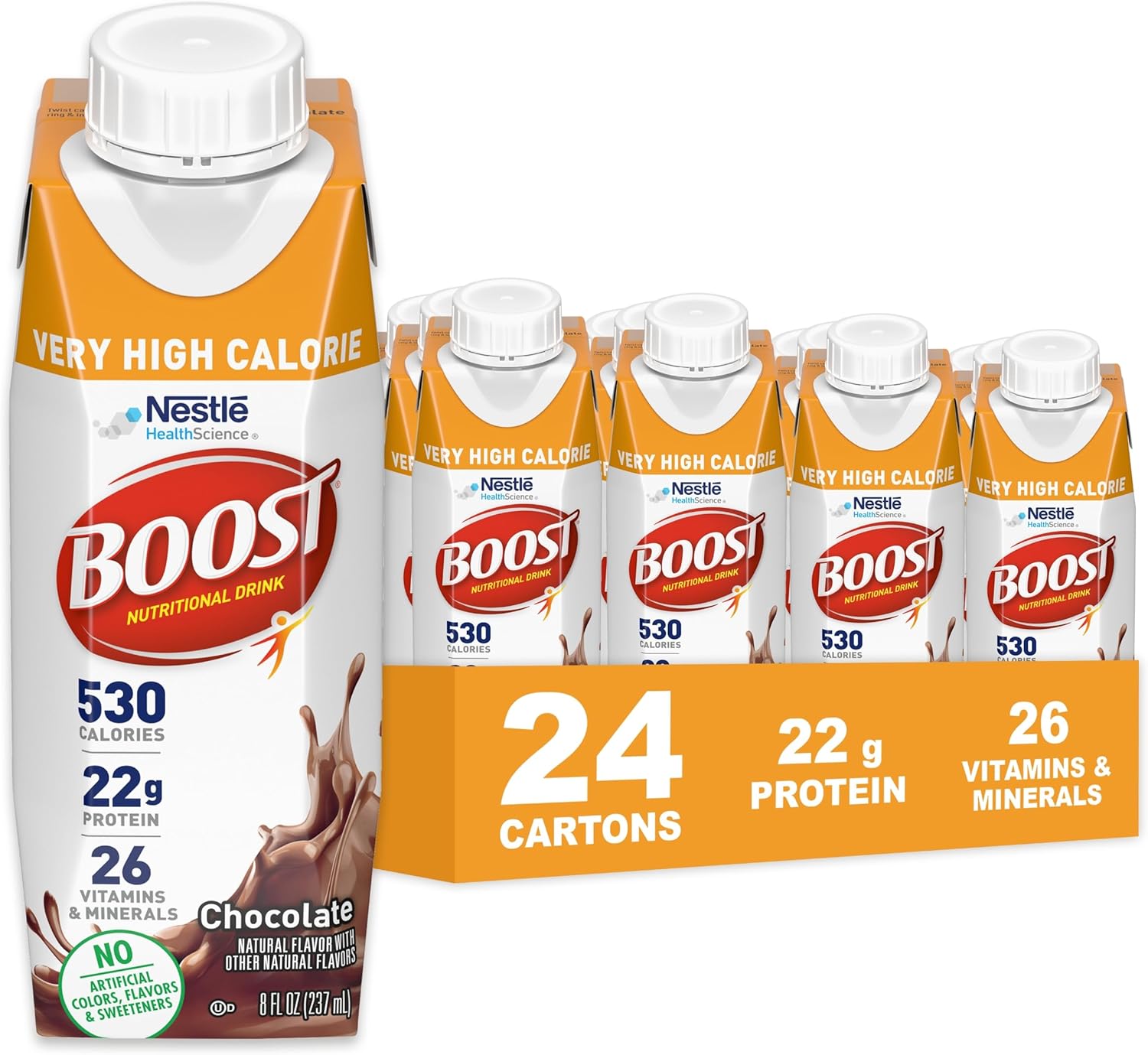 BOOST Very High Calorie Nutritional Drink – Helps Weight Gain & Maintenance - 530 Calories - 26 Vitamins & Minerals - 22 g Protein - Calorie-Dense Nutritional Drink - Chocolate - 8 fl oz (Pack of 24)