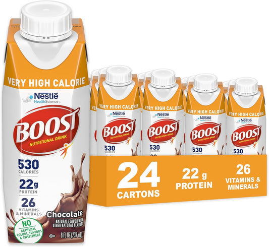 BOOST Very High Calorie Nutritional Drink – Helps Weight Gain & Maintenance - 530 Calories - 26 Vitamins & Minerals - 22 g Protein - Calorie-Dense Nutritional Drink - Chocolate - 8 fl oz (Pack of 24)