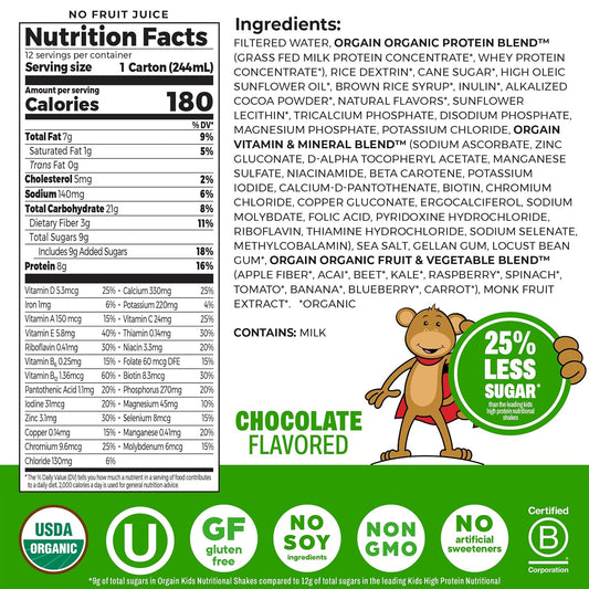 Orgain Organic Kids Nutritional Dairy Protein Shakes, Chocolate, Healthy Kids Snacks, 8g Grass-Fed Protein, 3g Fiber, 22 Vitamins & Minerals, No Soy Ingredients, Non-GMO, 8.25 Fl Oz, Pack of 12